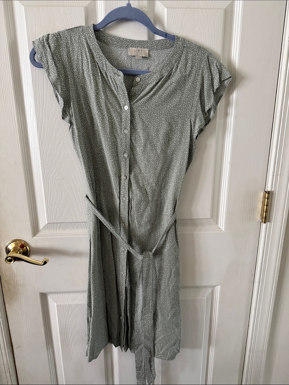 LOFT Sage Green Polka Dot Midi Shirt Dress with Tie Waist